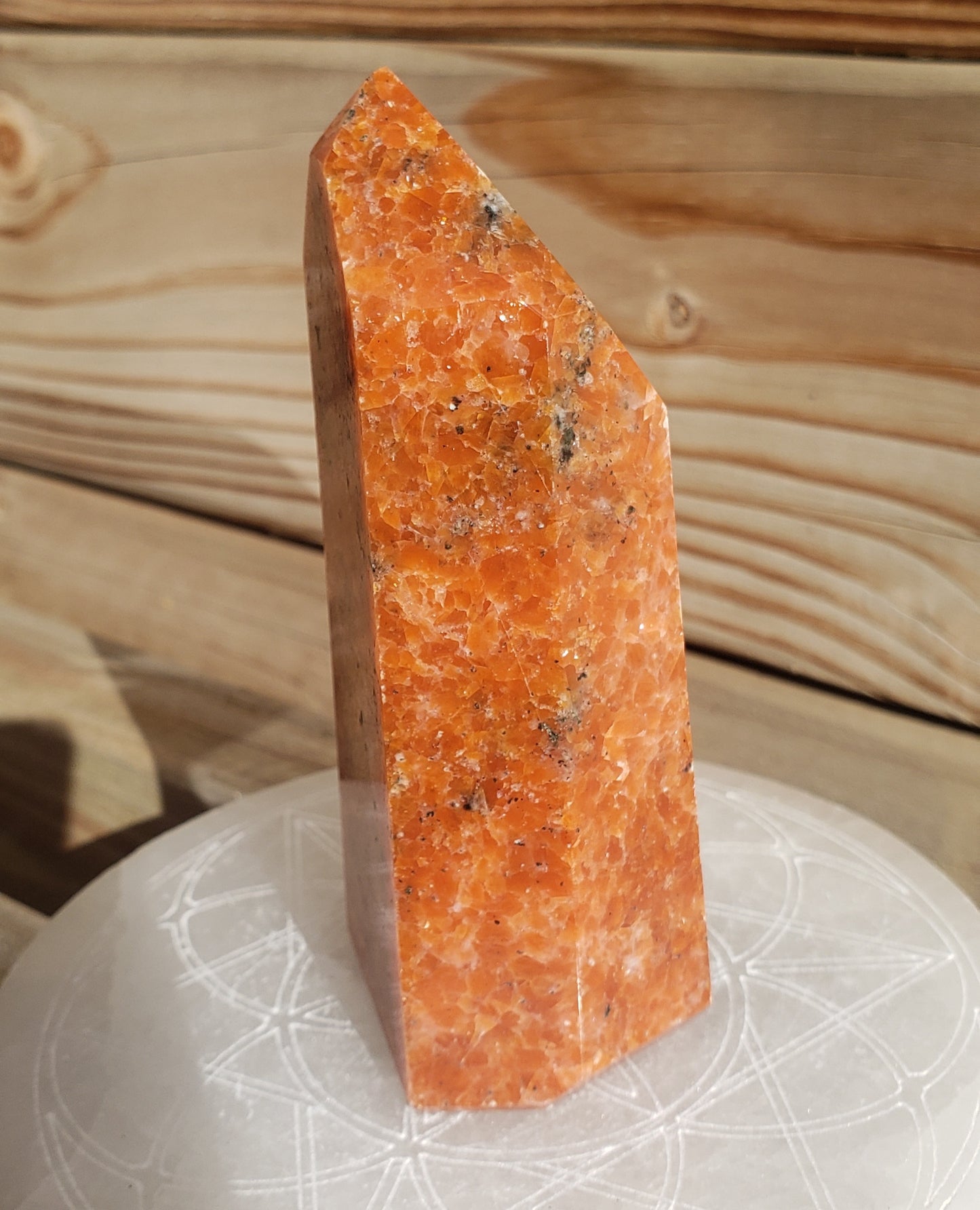 Orange Calcite w/Blue Apatite Tower